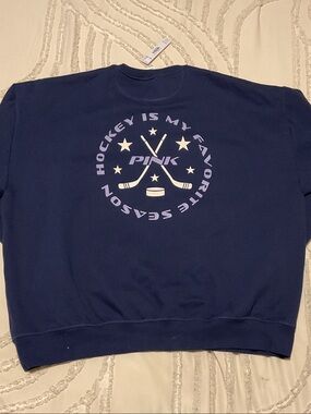 PINK Victoria's Secret Navy Crewneck with Pale Pink Hockey Graphic